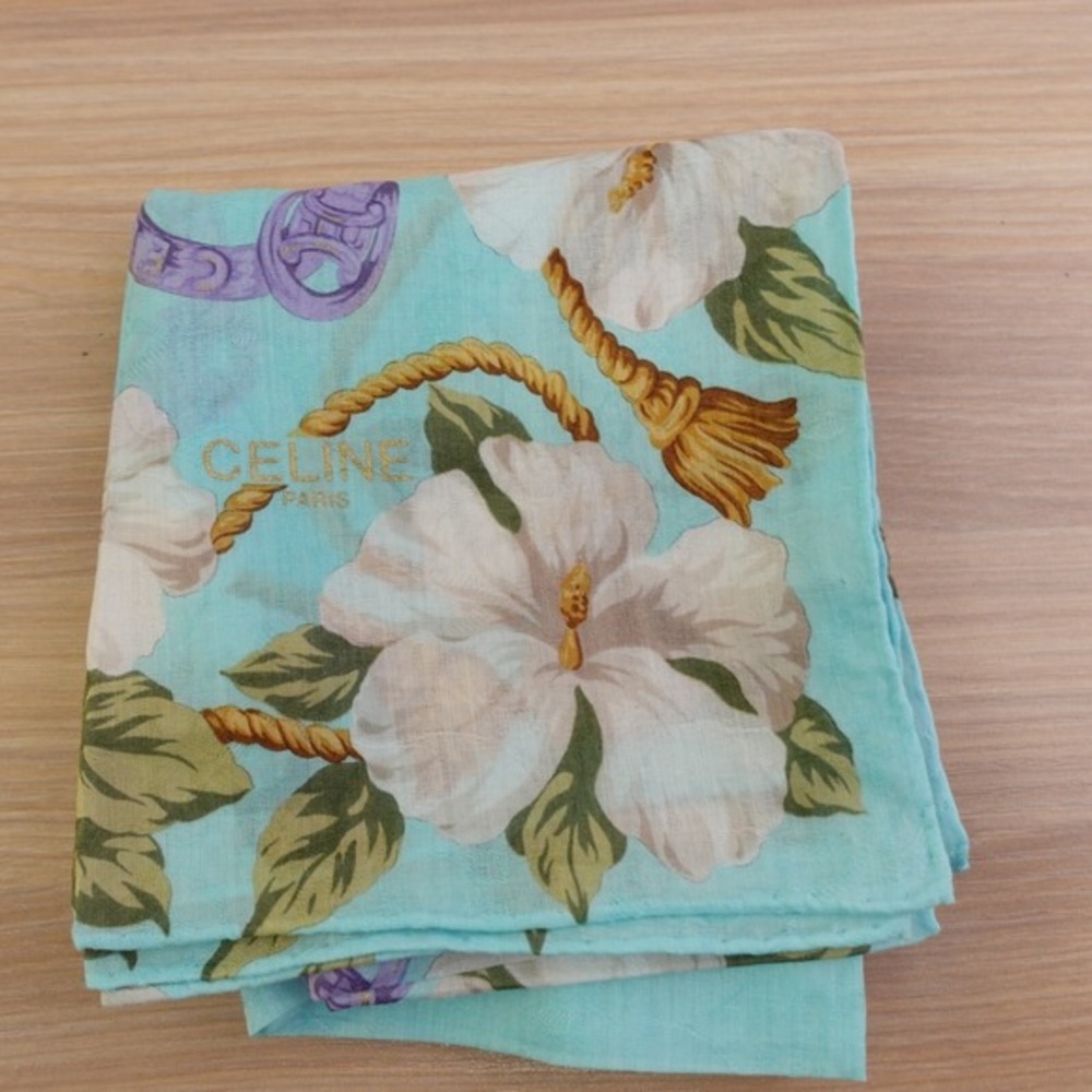 90s VTG CELINE Paris Handkerchief Blue Hibiscus Chain Link Scarf AUTH Luxe 20x19 - Picture 2 of 13